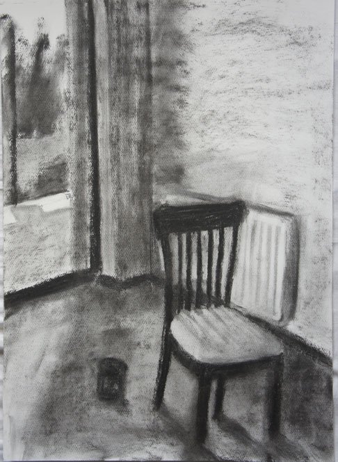 Czink Ibolya Beatrix: Szék a festőtáborban, 2011, szénrajz