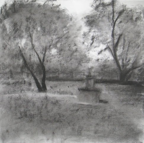 Czink Ibolya Beatrix: Délután a Faluház mellett, 2011, szénrajz